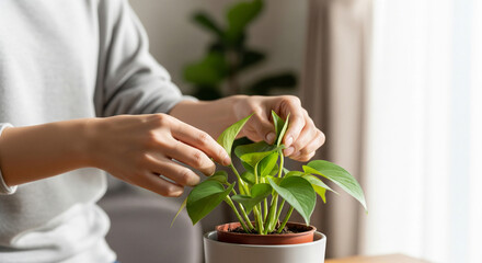 Hands placing a common houseplant by the window in a plain pot