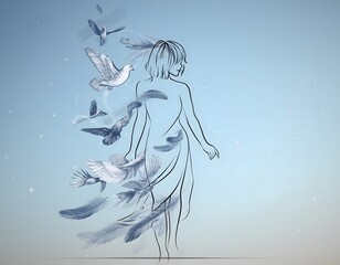 Graceful Girl Silhouette Transforming into Flock of Birds, Symbolizing Freedom, Metamorphosis, and Personal Transformation