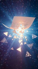 A vibrant explosion of light and geometric shapes emerging from a torn surface against a starry background, creating a dynamic and futuristic visual effect