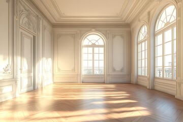 Fototapeta premium Sunlight streams into empty luxurious baroque room showcasing classic architectural details on walls and wooden floor