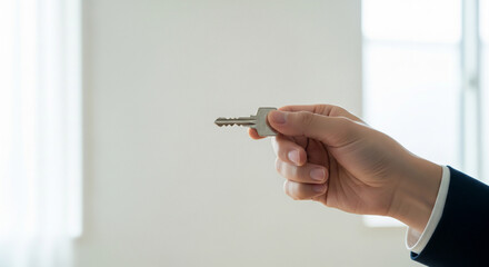 Close‑up of Japanese hands holding a plain house key against white wall
