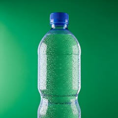 Close-up of a clear plastic water bottle with condensation droplets on a vibrant green background, highlighting freshness and hydration
