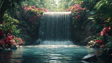 Lush tropical waterfall cascading into a serene pool, surrounded by vibrant flowers and rocks.