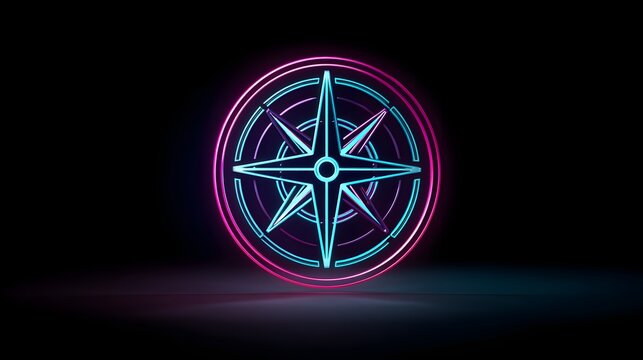Illuminated navigational symbol glows with vibrant neon colors against a dark background
