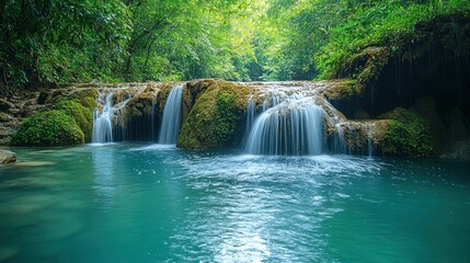 Serene turquoise waterfall cascading over moss-covered rocks in lush green jungle.