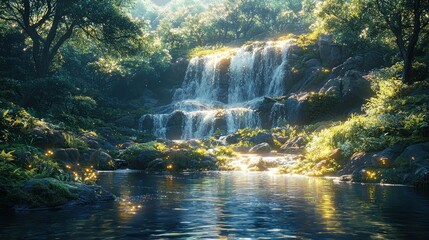 Sunlit waterfall cascading into a serene forest pool, illuminated by fireflies.