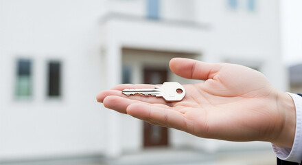 Close‑up of Japanese hands holding a plain house key against white wall