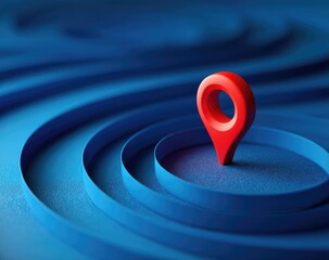 A vibrant red location pin sits centrally within concentric blue circles on a textured, abstract surface