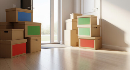Plain moving boxes stacked at a new home entrance, spring move‑in