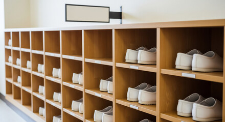 Still life of indoor shoes lined up in a school‑like shoe rack, plain signage