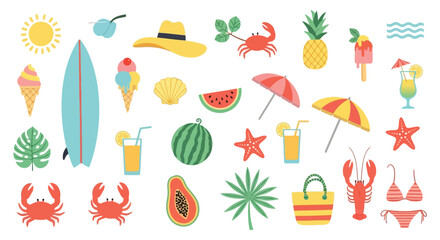 Naklejka premium Colorful summer vacation icons with beach, sun, and tropical elements for travel and holiday themes