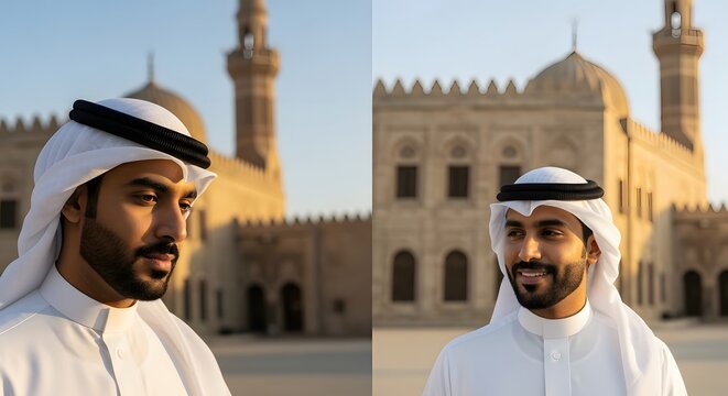 A portrait of a man wearing traditional Middle Eastern attire standing in front of an ornate historic building during daylight hours