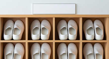 Still life of indoor shoes lined up in a school‑like shoe rack, plain signage