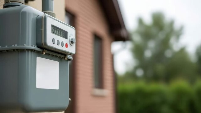 Home gas meter on exterior wall of brick house measuring consumption, gasification property detail video