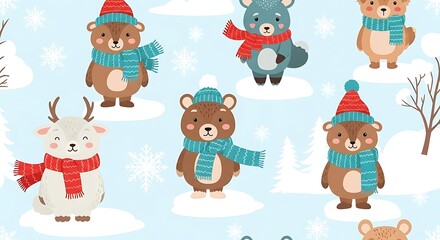 Obraz premium Cute Winter Animals Seamless Pattern Adorable Forest Creatures in Hats Scarves on Snowy Background