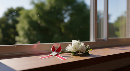 Still life of plain corsage and red‑white ribbon by classroom window