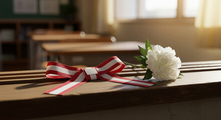 Still life of plain corsage and red‑white ribbon by classroom window