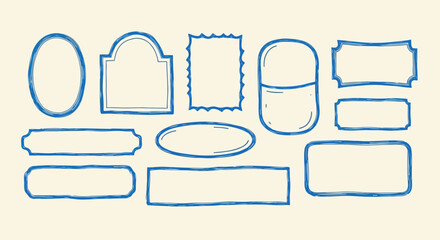 Collection of handdrawn blue frame and border shapes