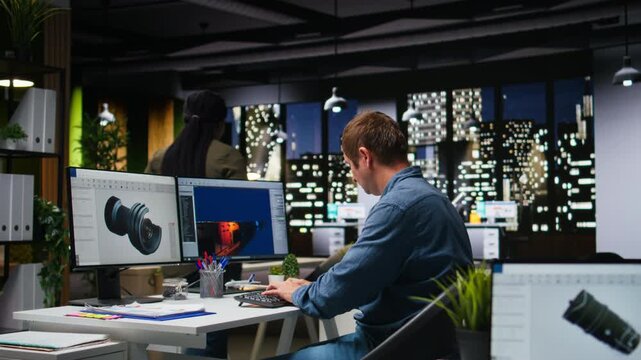 Game developer utilizes AI generated program to design spaceship station using deep learning, futuristic environment enhanced by machine learning based solutions and cloud computing. Camera A.