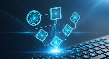 Digital Network Flowchart on Keyboard Technology Background.