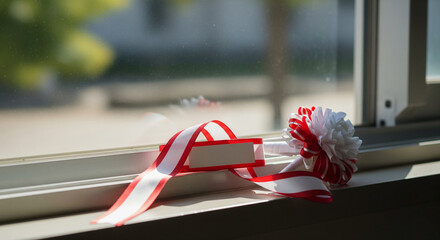 Still life of plain corsage and red‑white ribbon by classroom window