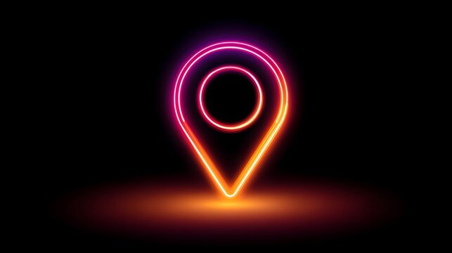 Glowing neon map marker icon radiates vibrant color against a dark background