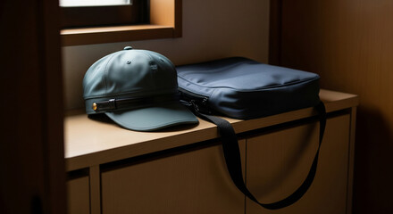 Plain school hat and communication bag on an entrance shoe cabinet