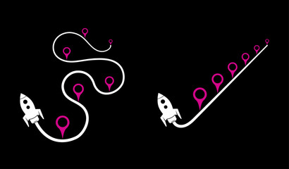 Spaceship location pin markers, line with curve, straight line vector on black background. Simple and complex difficult business process solution. Gps map markers illustration isolated on white. 