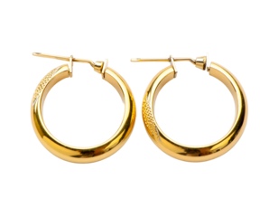 Pair of Elegant Golden Hoop Earrings, Isolated on White Background, Highlighting Fashionable Jewelry and Minimalist Design