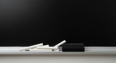 Minimal still life of blank blackboard with new chalk and eraser