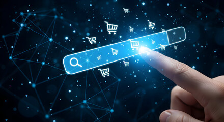 Digital Search Bar with Shopping Carts and Network Connections.