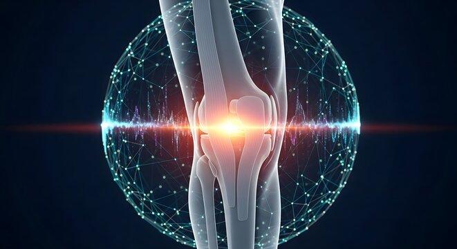 Digital Rendering of Human Knee Joint with Glowing Pain Point and Network Overlay.