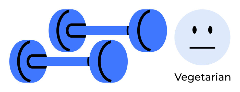 Blue dumbbells and a neutral face circle labeled Vegetarian, highlighting wellness, health, fitness, diet, lifestyle, balance, and habit themes. Ideal for promoting a simple flat metaphor