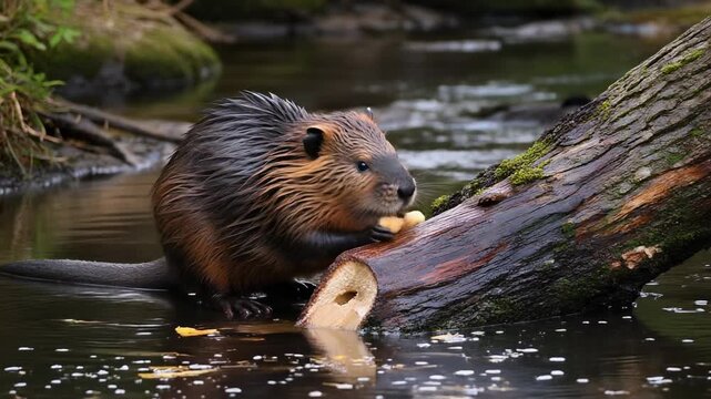 A brown beaver with wet fur sits in a calm stream, eating a piece of food while resting on a mossy log.