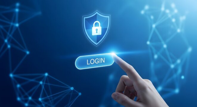 Digital Security Login Button with Fingerprint and Network Connections.