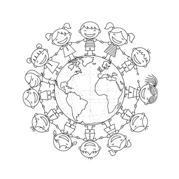 Diverse group of children holding hands around globe illustration, symbolizing unity and global friendship