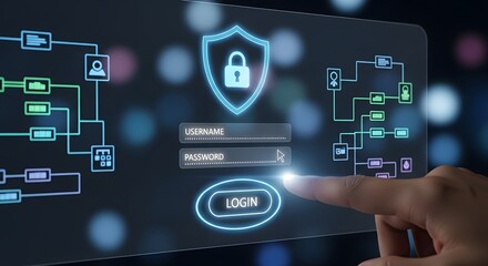 Digital Security Login Screen with Fingerprint Scan and Network Diagram.