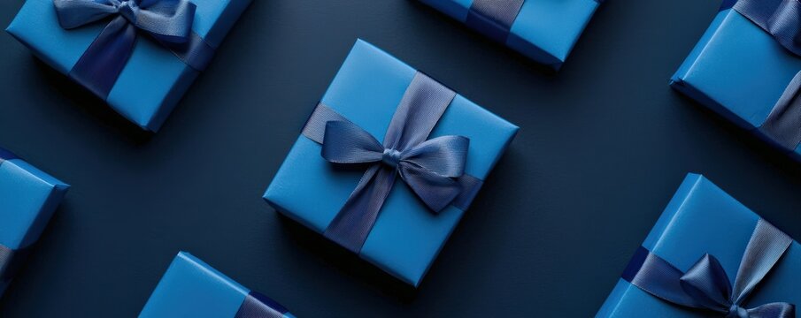 Blue gift boxes wrapped with ribbons arranged on a dark background, creating a festive pattern and offering copy space