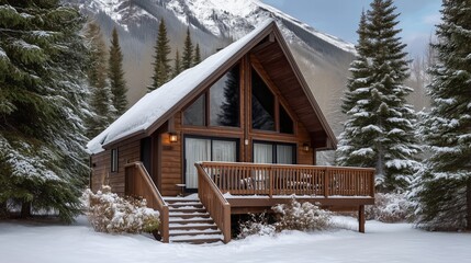 Cozy Winter Cabin: A picturesque wooden cabin nestled amidst a snow-laden forest, with a majestic mountain backdrop, epitomizing the serenity of a winter getaway.