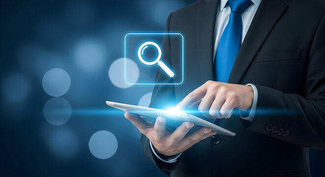Businessman in a suit uses a digital tablet with a search icon for data analysis and business intelligence showcasing technology and professional services in a corporate setting - Powered by Adobe