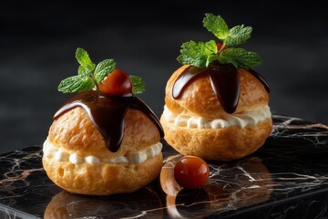 Delicious Cream Puff Delight: Two luscious cream puffs, adorned with rich chocolate sauce and fresh mint sprigs, tempt the eye and satisfy the sweet tooth.