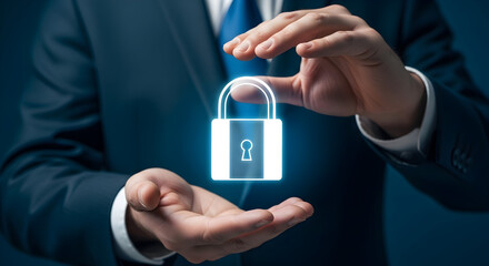 Businessman secures digital data with a glowing padlock symbolizing cybersecurity and protection against online threats in a modern professional setting for financial safety and privacy