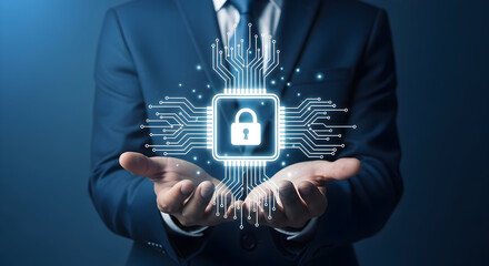 Businessman presents cybersecurity solution with glowing padlock and circuit board design showcasing data protection and network security in a professional and secure environment