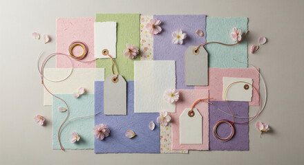 Flat lay of washi papers in hina colors with plain tags and strings
