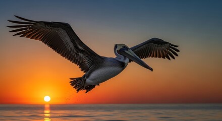 Pelican in Flight at Sunset - A Coastal Serenity.
