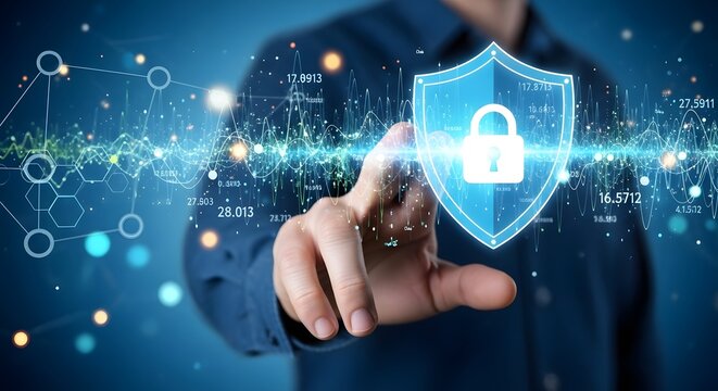 Digital Security Shield with Fingerprint Scan and Network Connections.