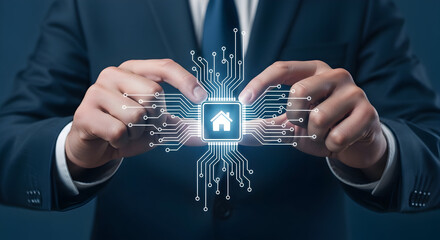 Businessman presents smart home technology with a glowing circuit board and house icon showcasing innovation and connectivity in real estate and modern living solutions for the future