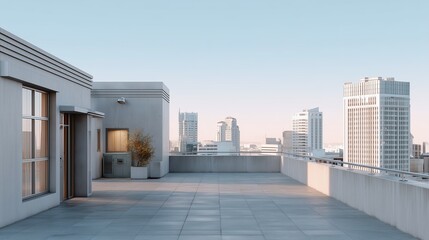 City Skyline from Rooftop: A tranquil cityscape unfolds from an elevated rooftop perch, with minimalist architecture. Captured in the soft glow of natural light.