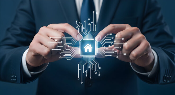 Businessman presents smart home technology with a glowing circuit board and house icon showcasing innovation and connectivity in real estate and modern living solutions for the future - Powered by Adobe