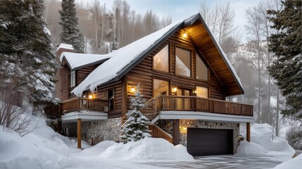 Cozy Cabin in Snowy Landscape: A charming wooden cabin nestled amidst a snow-covered landscape, the architectural design creates a cozy atmosphere in winter.